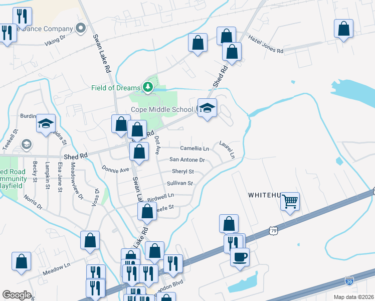 map of restaurants, bars, coffee shops, grocery stores, and more near 4825 San Antone Drive in Bossier City
