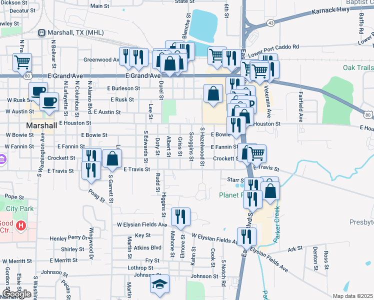 map of restaurants, bars, coffee shops, grocery stores, and more near 1401 East Crockett Street in Marshall