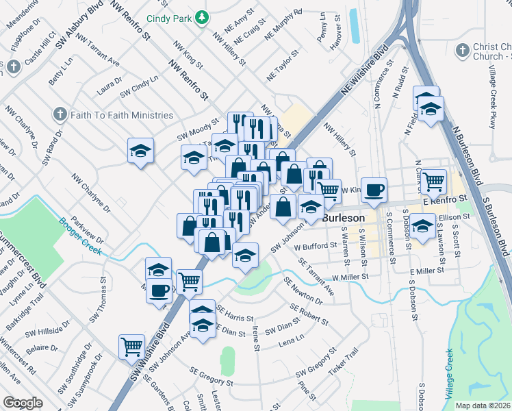 map of restaurants, bars, coffee shops, grocery stores, and more near 201 Southwest Wilshire Boulevard in Burleson