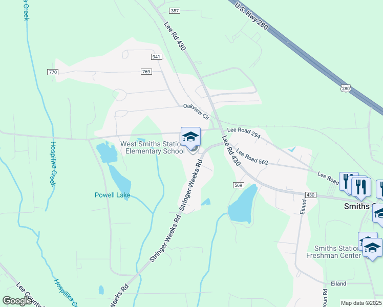 map of restaurants, bars, coffee shops, grocery stores, and more near 150 Lee County Road 295 in Smiths Station