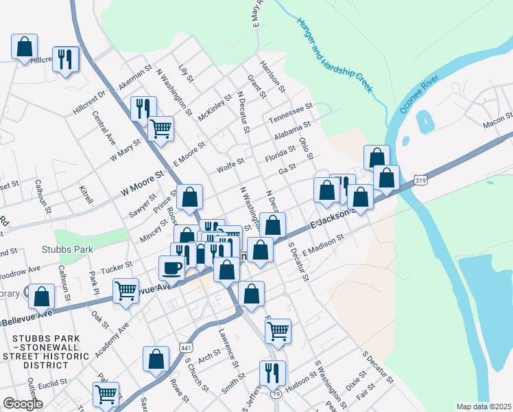map of restaurants, bars, coffee shops, grocery stores, and more near 215 East Gaines Street in Dublin