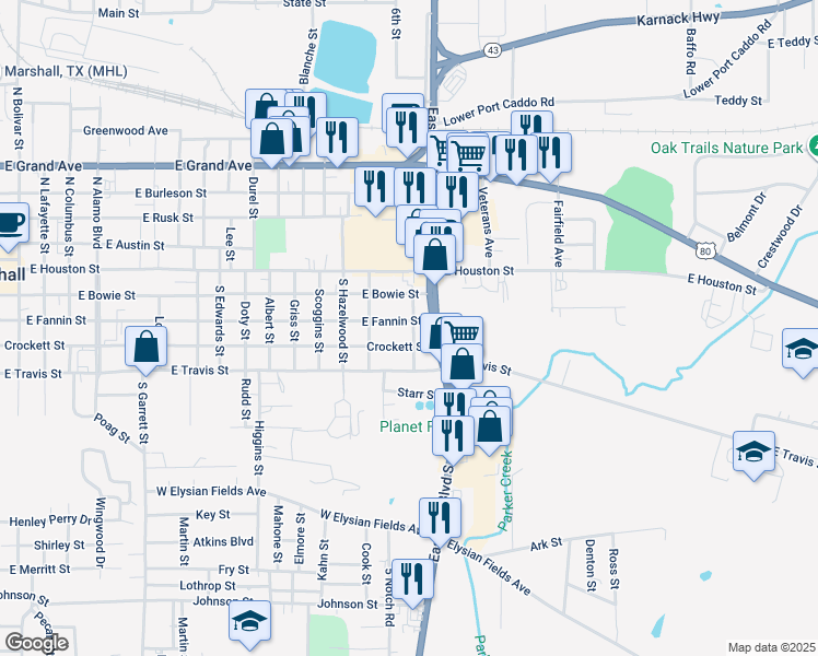 map of restaurants, bars, coffee shops, grocery stores, and more near 1608 East Crockett Street in Marshall