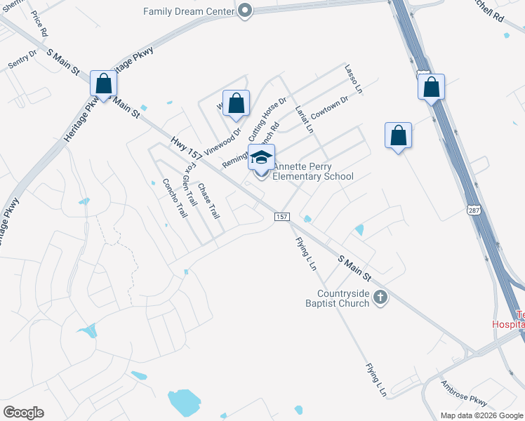 map of restaurants, bars, coffee shops, grocery stores, and more near 1370 Flying L Lane in Mansfield