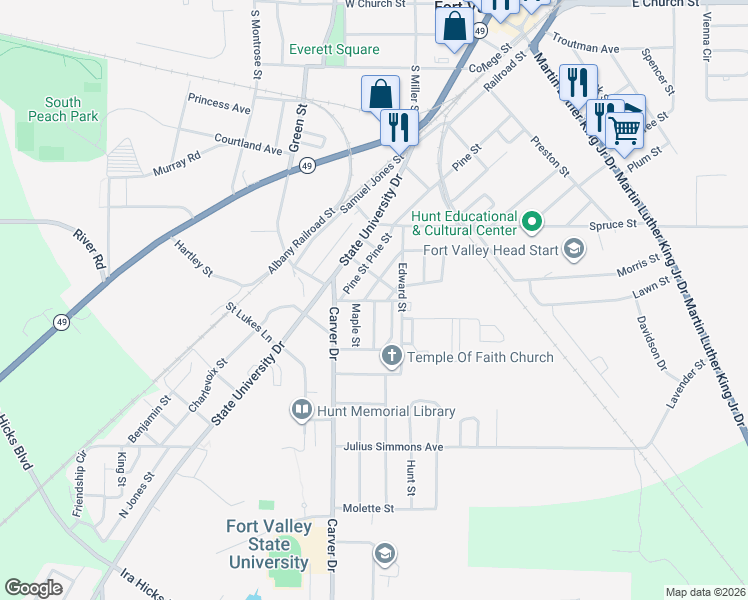 map of restaurants, bars, coffee shops, grocery stores, and more near 1009 Maple Street in Fort Valley