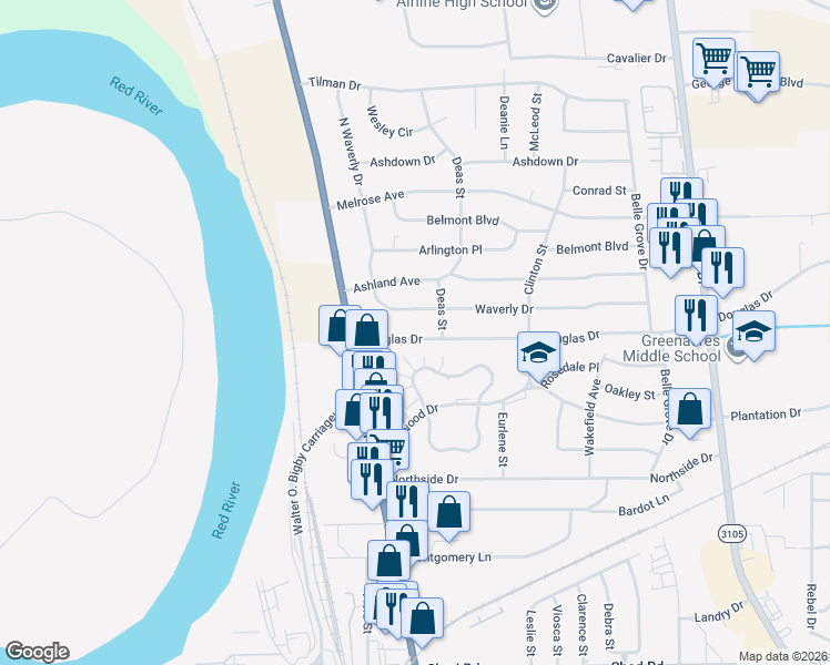 map of restaurants, bars, coffee shops, grocery stores, and more near 2319 Douglas Drive in Bossier City