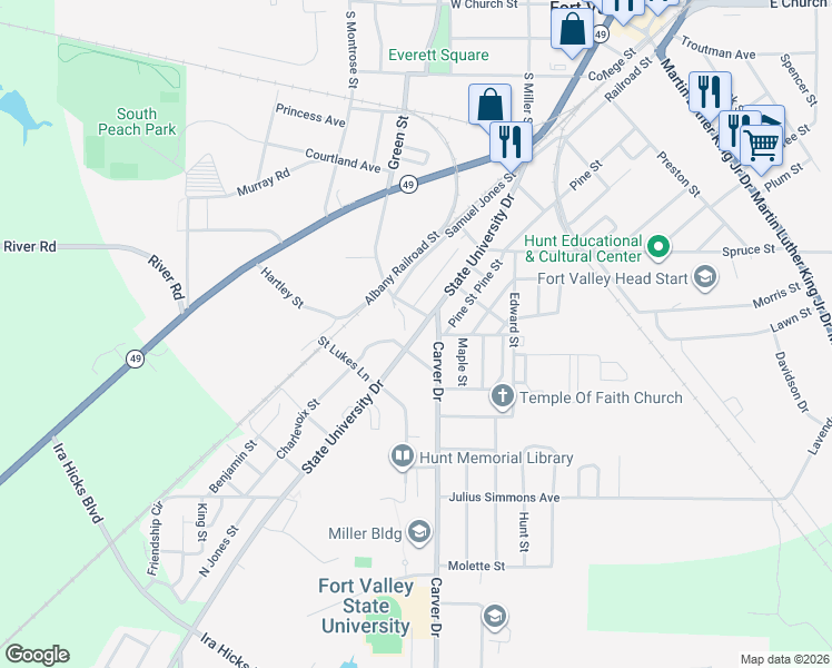 map of restaurants, bars, coffee shops, grocery stores, and more near 820 State University Drive in Fort Valley