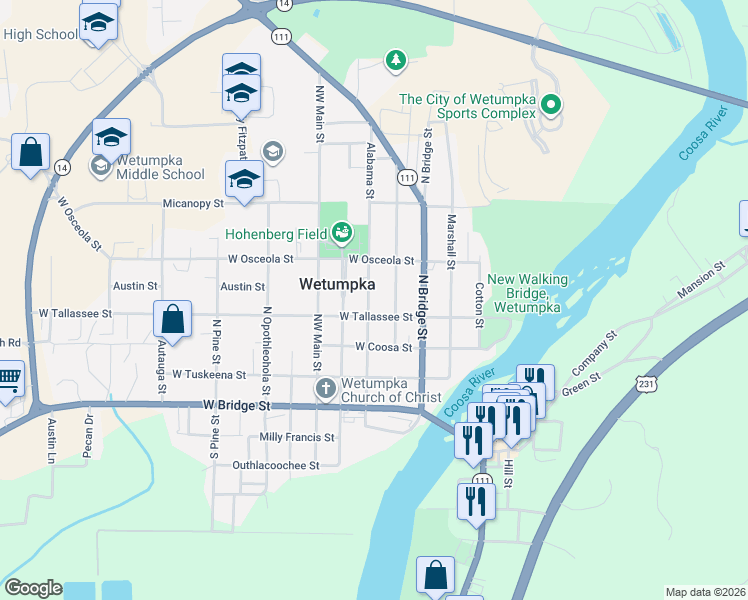 map of restaurants, bars, coffee shops, grocery stores, and more near 407 North Broad Street in Wetumpka