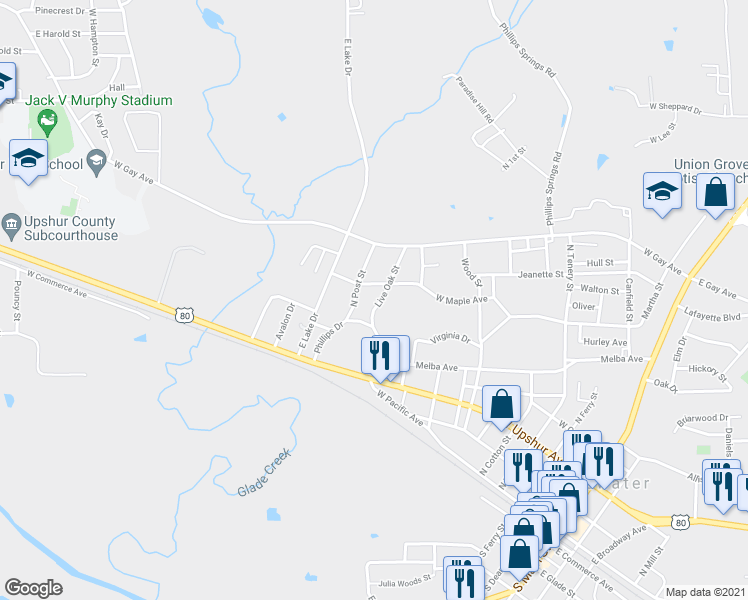map of restaurants, bars, coffee shops, grocery stores, and more near 407 Live Oak Street in Gladewater