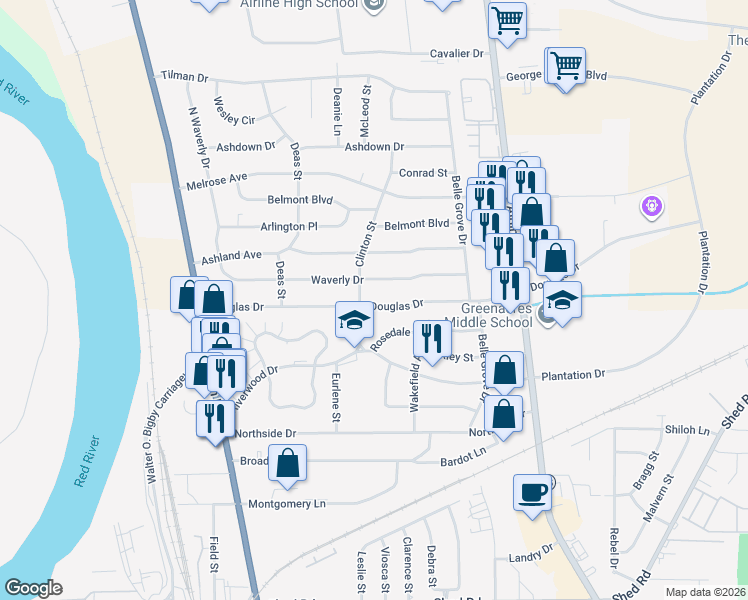 map of restaurants, bars, coffee shops, grocery stores, and more near 2208 Clinton Street in Bossier City