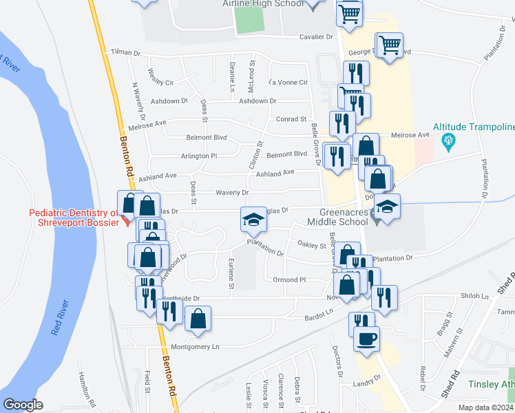 map of restaurants, bars, coffee shops, grocery stores, and more near 2505 Douglas Drive in Bossier City