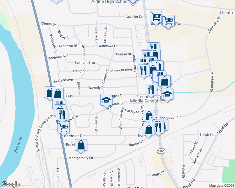 map of restaurants, bars, coffee shops, grocery stores, and more near 2512 Douglas Drive in Bossier City