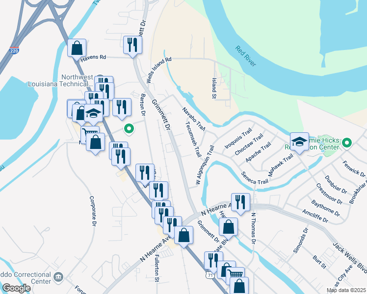map of restaurants, bars, coffee shops, grocery stores, and more near 2000 Grimmett Drive in Shreveport