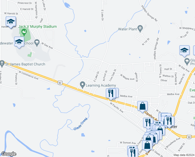 map of restaurants, bars, coffee shops, grocery stores, and more near 1404 Holbert Avenue in Gladewater