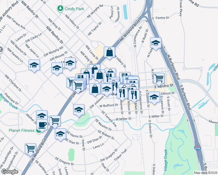 map of restaurants, bars, coffee shops, grocery stores, and more near 225 W Renfro St in Burleson