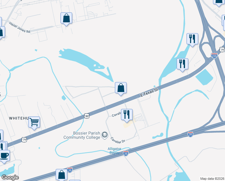 map of restaurants, bars, coffee shops, grocery stores, and more near 6219 East Texas Street in Bossier City