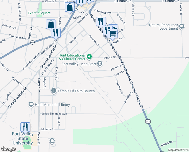 map of restaurants, bars, coffee shops, grocery stores, and more near 200 Spillers Street in Fort Valley