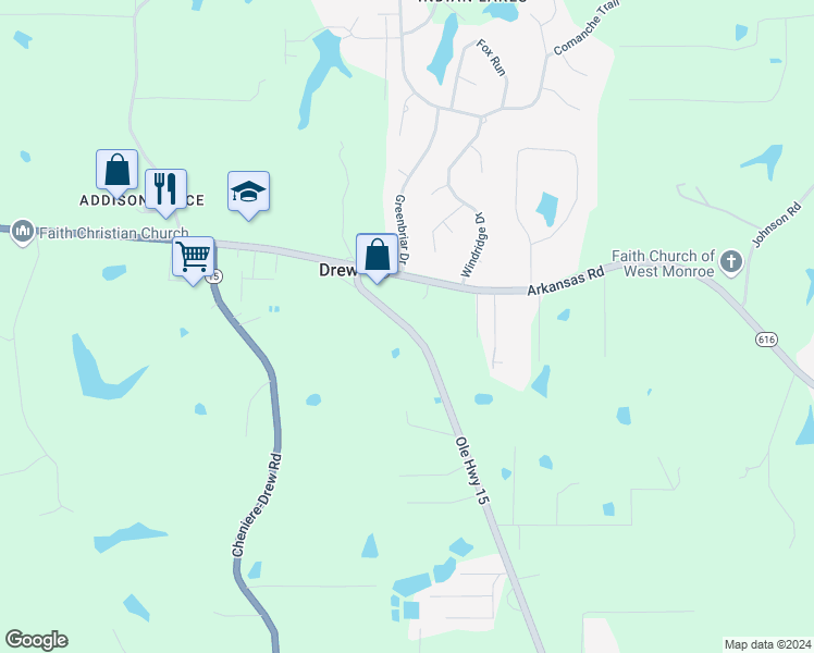 map of restaurants, bars, coffee shops, grocery stores, and more near 1198 Old Louisiana 15 in West Monroe