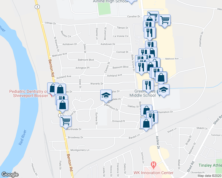 map of restaurants, bars, coffee shops, grocery stores, and more near 2509 Douglas Drive in Bossier City
