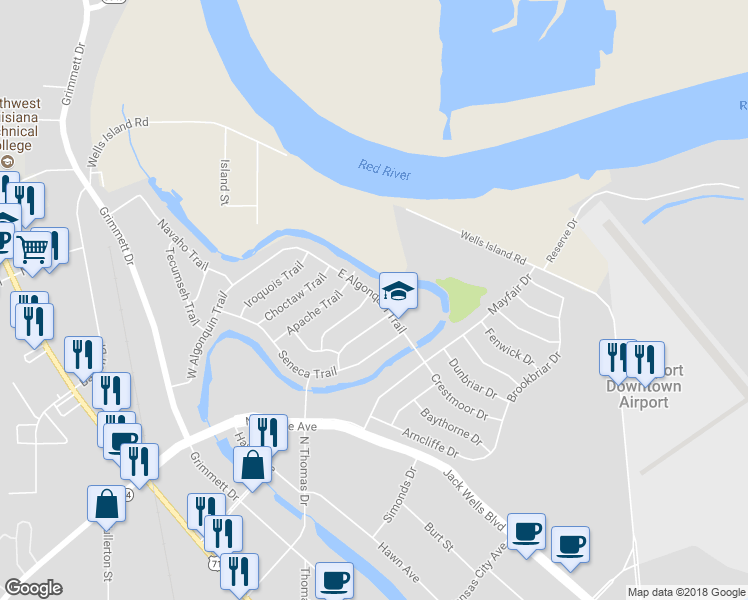 map of restaurants, bars, coffee shops, grocery stores, and more near 2031 East Algonquin Trail in Shreveport