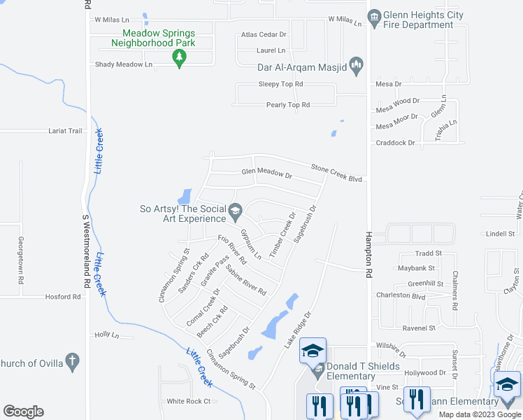 map of restaurants, bars, coffee shops, grocery stores, and more near 321 Meandering Way in Glenn Heights
