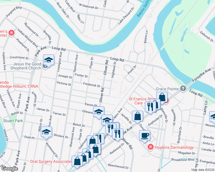 map of restaurants, bars, coffee shops, grocery stores, and more near 2411-2495 Highland Street in Monroe