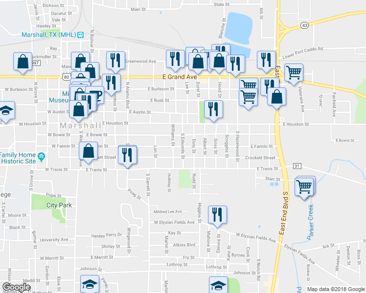 map of restaurants, bars, coffee shops, grocery stores, and more near 998 East Fannin Street in Marshall