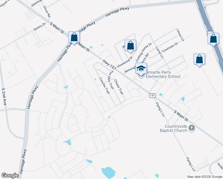 map of restaurants, bars, coffee shops, grocery stores, and more near 1305 Fox Glen Trail in Mansfield