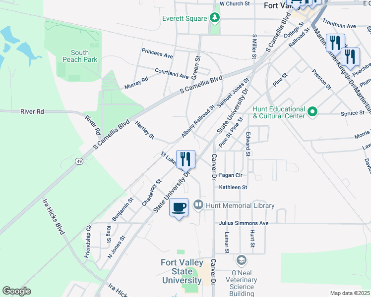 map of restaurants, bars, coffee shops, grocery stores, and more near 103 Albany Railroad Street in Fort Valley