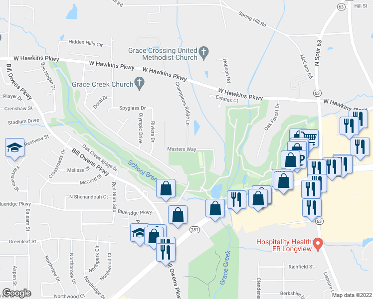 map of restaurants, bars, coffee shops, grocery stores, and more near Masters Way in Longview