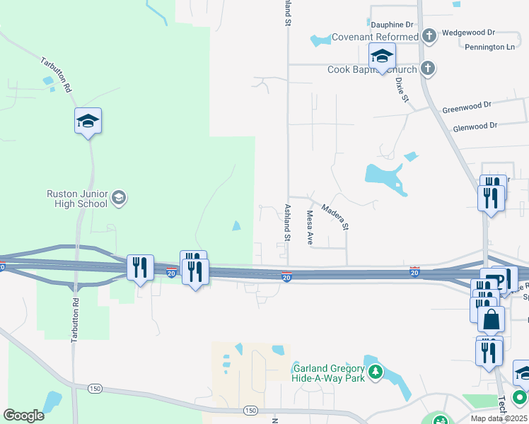 map of restaurants, bars, coffee shops, grocery stores, and more near 2509 Hillside Drive in Ruston