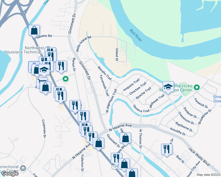 map of restaurants, bars, coffee shops, grocery stores, and more near 2210 Sioux Trail in Shreveport