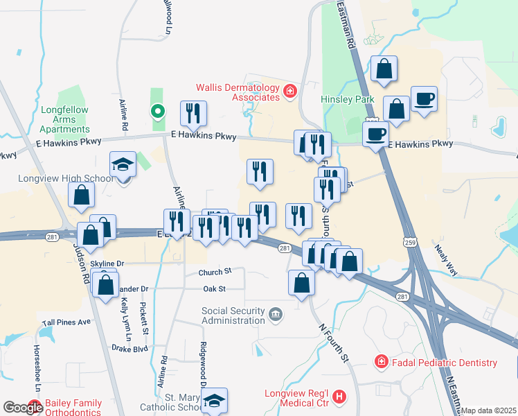 map of restaurants, bars, coffee shops, grocery stores, and more near 411 East Loop 281 in Longview