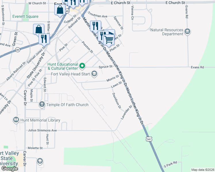 map of restaurants, bars, coffee shops, grocery stores, and more near 123 Morris Street in Fort Valley