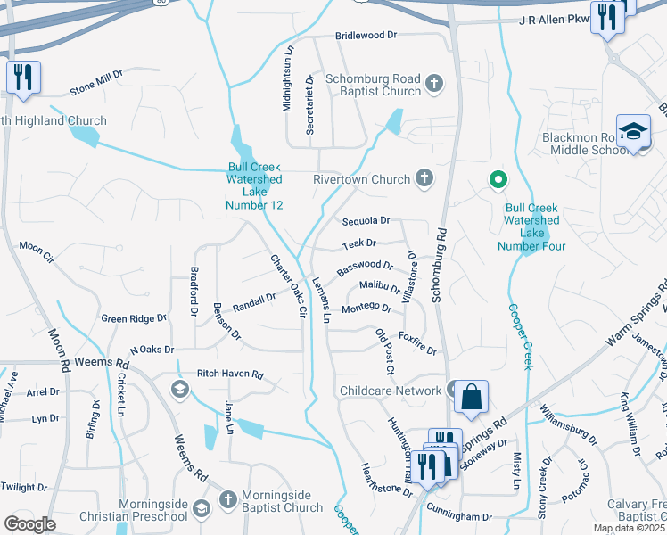 map of restaurants, bars, coffee shops, grocery stores, and more near 4826 Teak Drive in Columbus