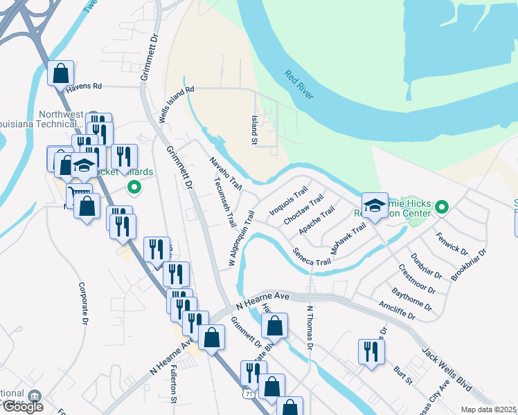 map of restaurants, bars, coffee shops, grocery stores, and more near 2210 West Algonquin Trail in Shreveport