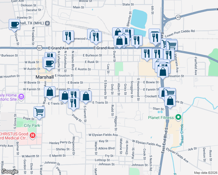 map of restaurants, bars, coffee shops, grocery stores, and more near 1102 East Bowie Street in Marshall