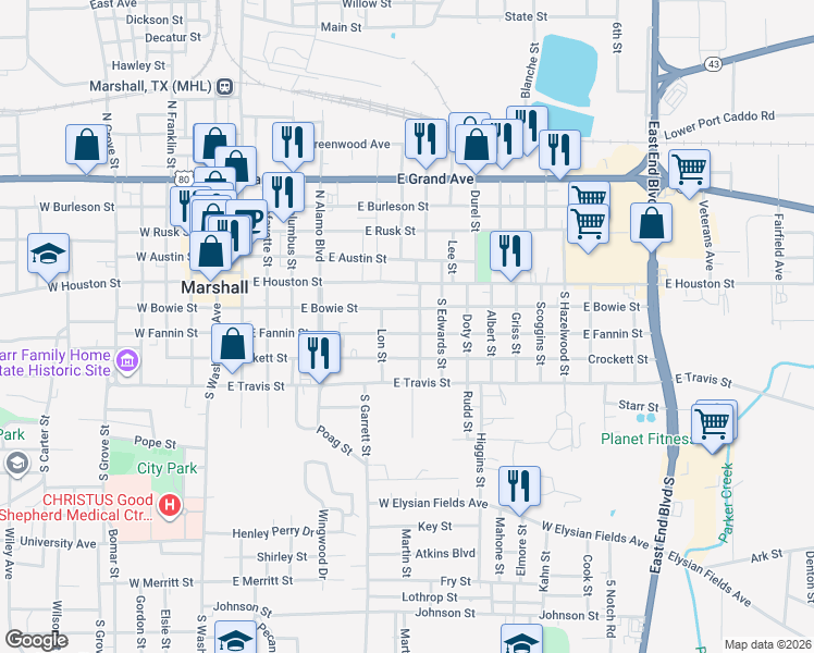 map of restaurants, bars, coffee shops, grocery stores, and more near 702 East Bowie Street in Marshall