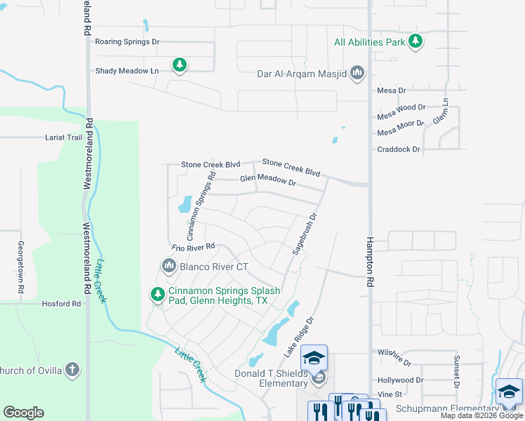 map of restaurants, bars, coffee shops, grocery stores, and more near 320 Pebblebrook Lane in Glenn Heights