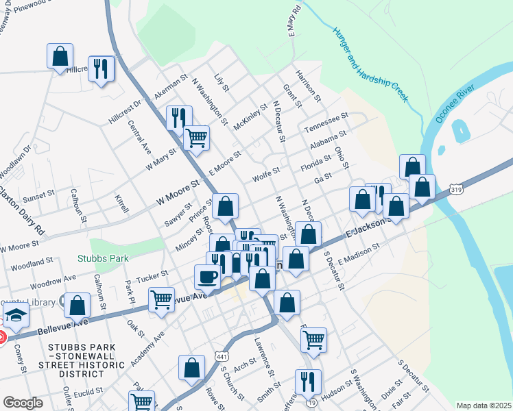 map of restaurants, bars, coffee shops, grocery stores, and more near 210 East Johnson Street in Dublin