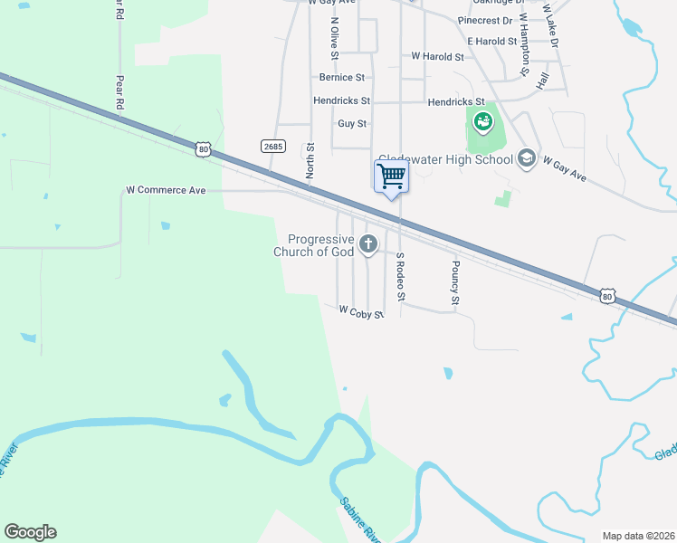map of restaurants, bars, coffee shops, grocery stores, and more near 202 Mable Street in Gladewater