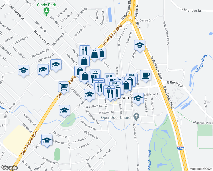 map of restaurants, bars, coffee shops, grocery stores, and more near 138 West King Street in Burleson