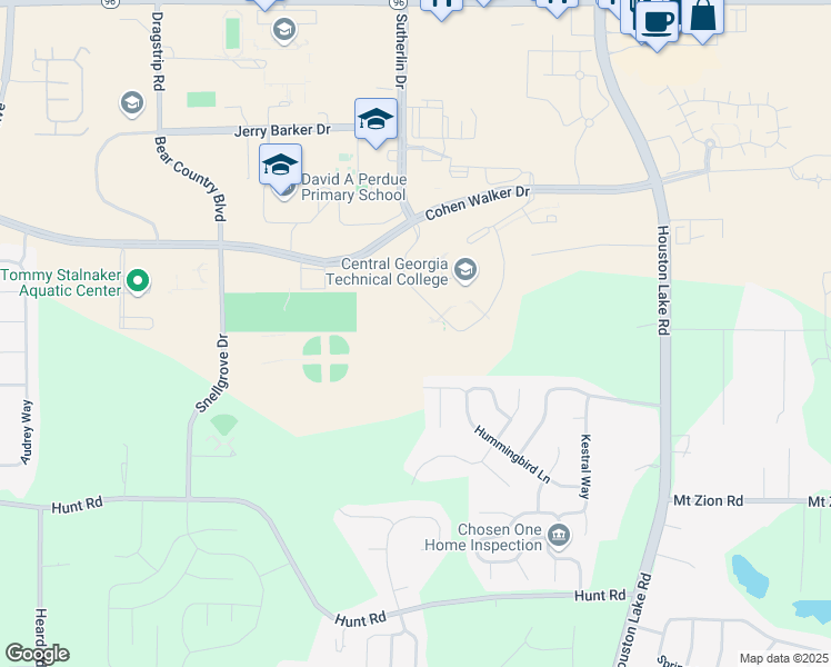 map of restaurants, bars, coffee shops, grocery stores, and more near 80 Cohen Walker Drive in Warner Robins