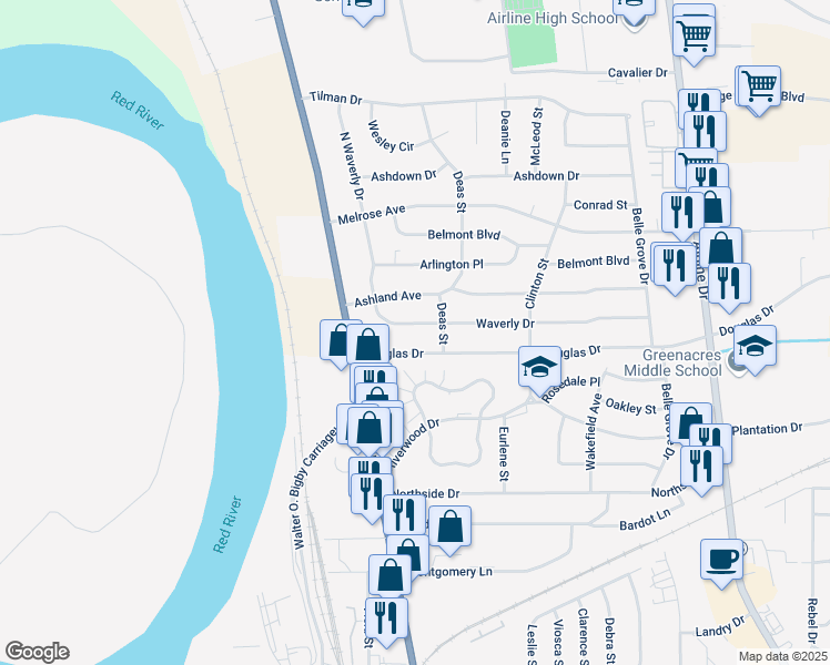 map of restaurants, bars, coffee shops, grocery stores, and more near 2313 Waverly Drive in Bossier City