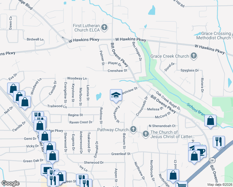 map of restaurants, bars, coffee shops, grocery stores, and more near 3211 Restview Street in Longview