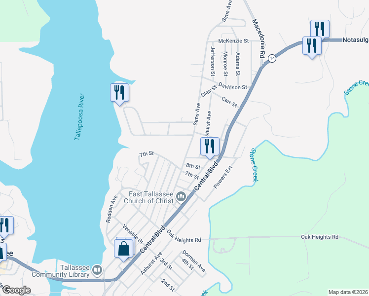 map of restaurants, bars, coffee shops, grocery stores, and more near 109 Sims Avenue in Tallassee