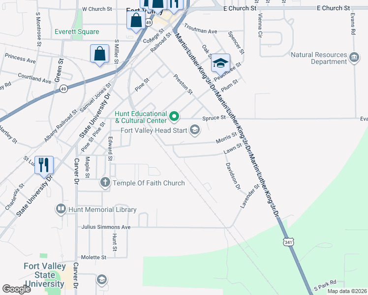 map of restaurants, bars, coffee shops, grocery stores, and more near 149 Morris Street in Fort Valley