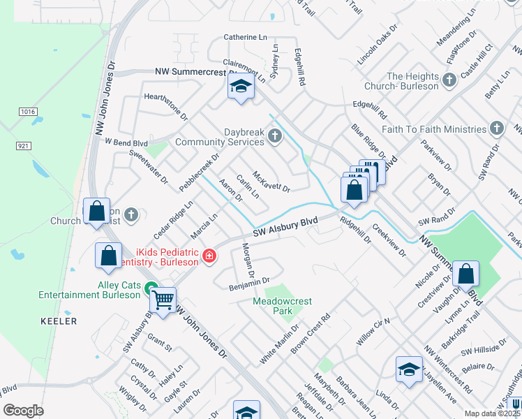 map of restaurants, bars, coffee shops, grocery stores, and more near 942 Aaron Drive in Burleson