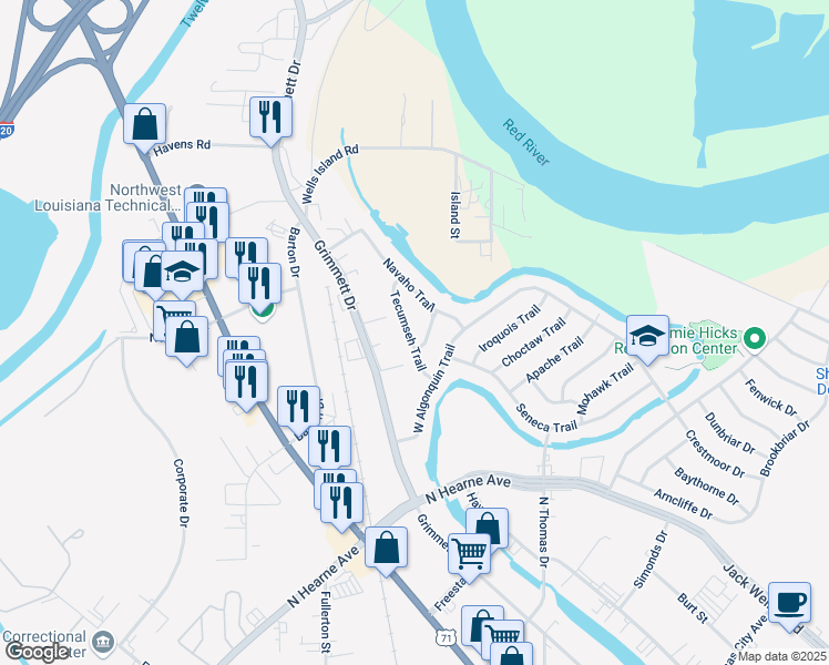 map of restaurants, bars, coffee shops, grocery stores, and more near 726 Tecumseh Trail in Shreveport