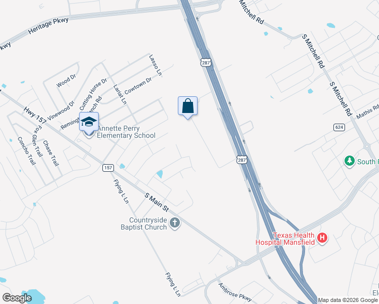 map of restaurants, bars, coffee shops, grocery stores, and more near 27 Willow Bend Court in Mansfield