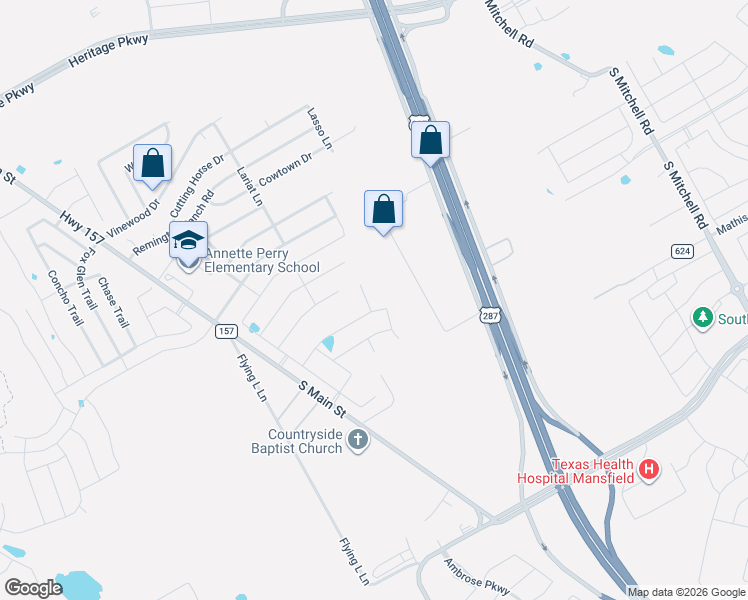 map of restaurants, bars, coffee shops, grocery stores, and more near 27 Willow Bend Court in Mansfield